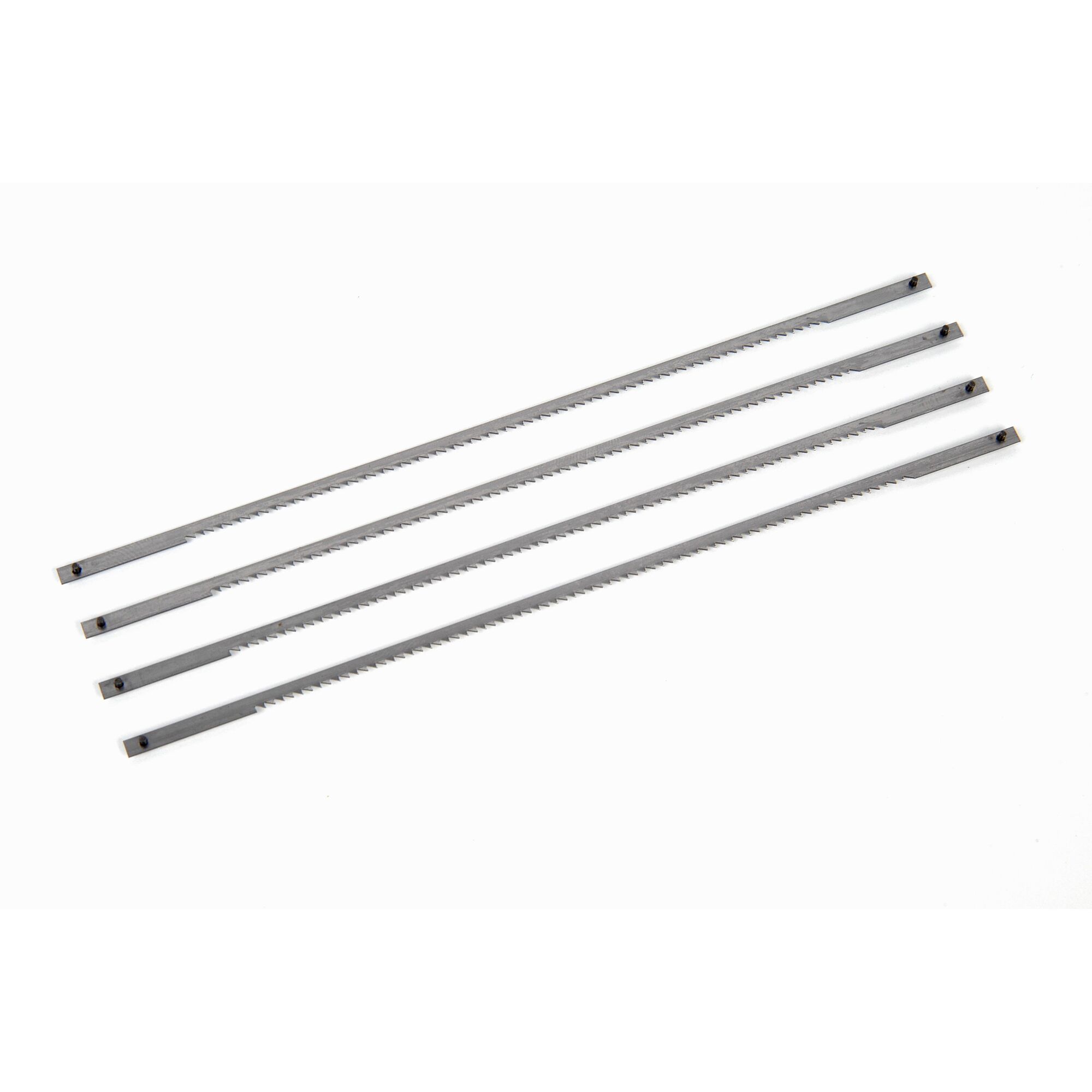 STANLEY 0-15-061 set of four silver-colored coping saw blades, top view on white background.